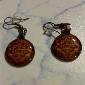 Elegant Brown Patterned Earrings-pennies on back, Handmade